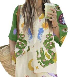 Rotimia Graphic Print Button Down Top